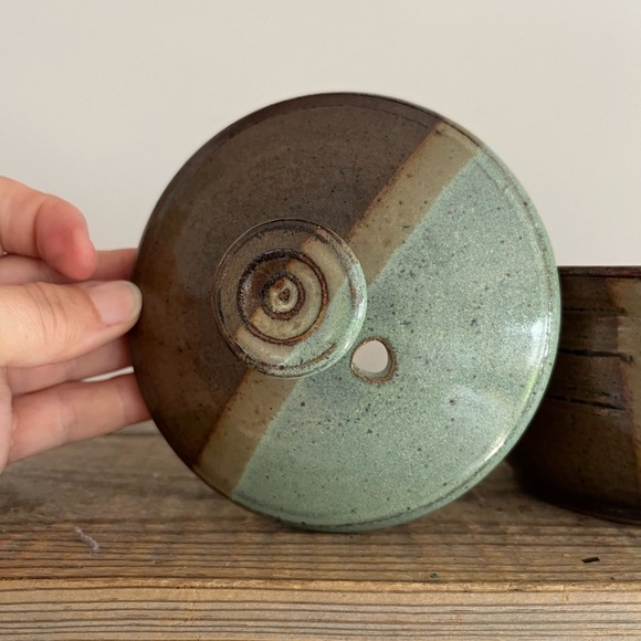Handcrafted pottery Lidded Bowl - teal and Brown - Picture 2 of 4